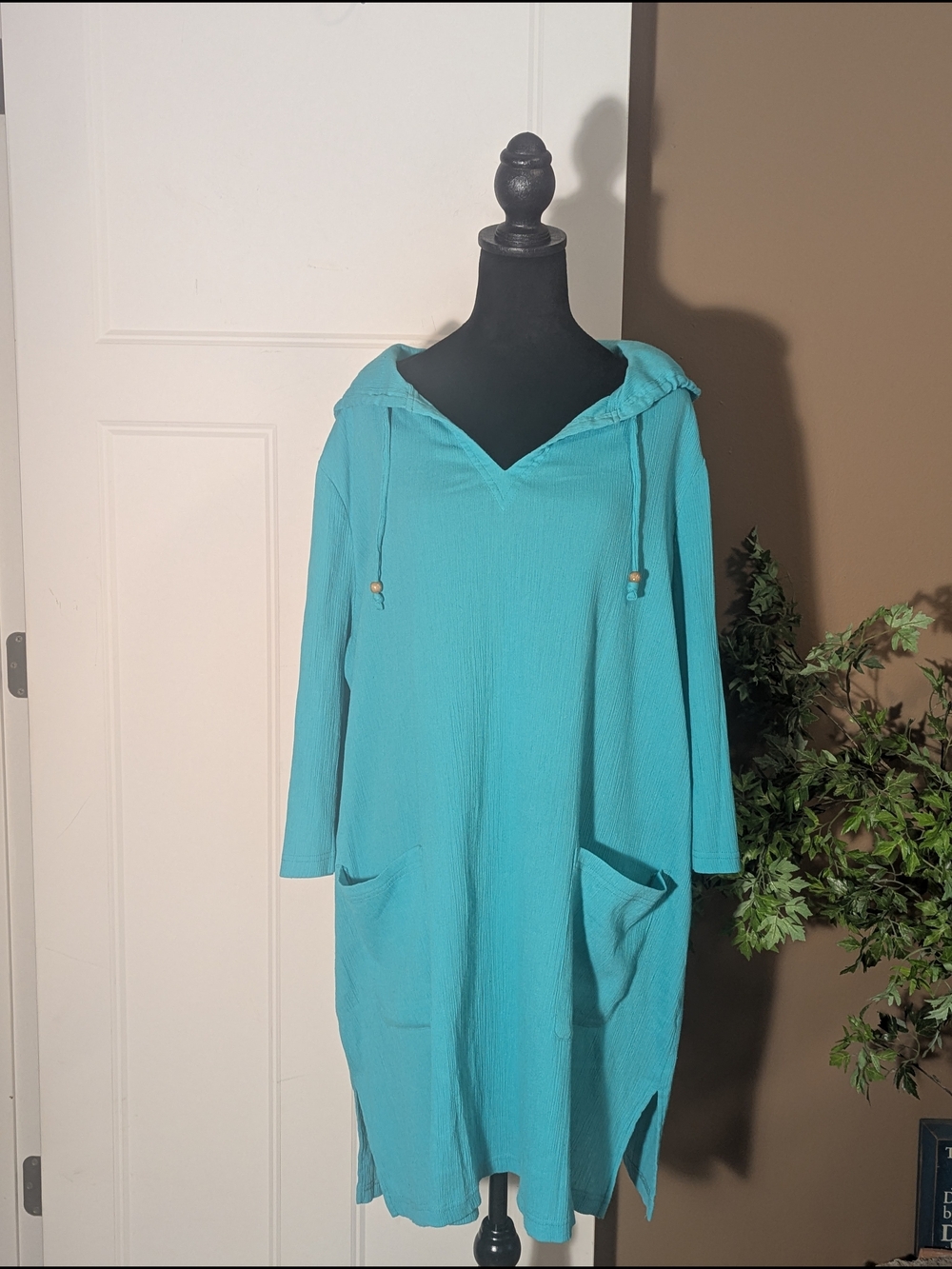 Light Teal Hooded Tunic with Front Pockets. Loungewear. Resort. Swim. Beach.